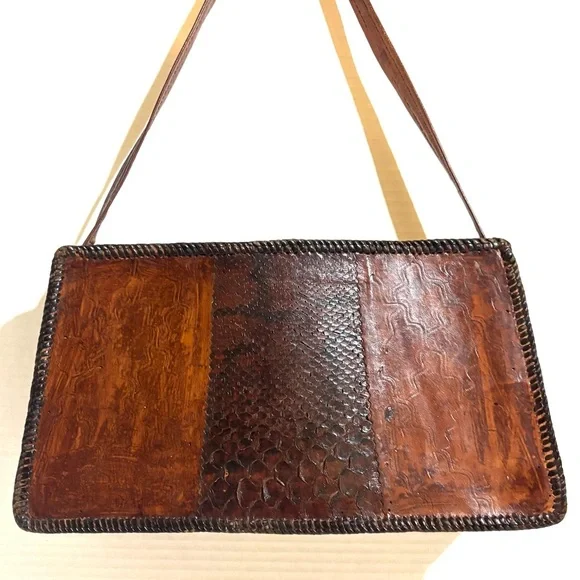 Vintage handmade Brown Textured snakeskin, leather Shoulder Bag